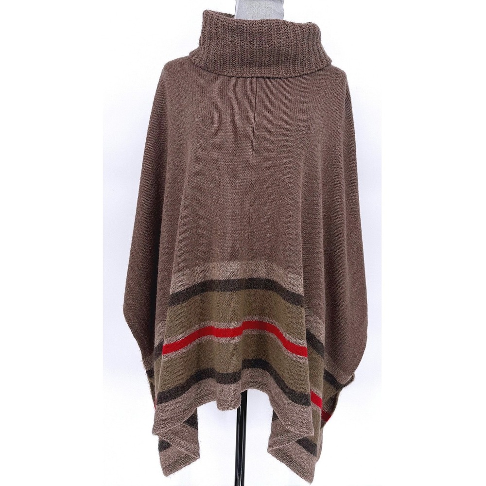 LOFT Chunky Knit‎ Cowl Neck Poncho Striped Brown Red Green Wool Blend One Size